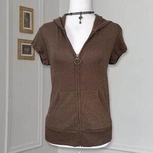 2000s Brown Metallic Zip Up Short Sleeve Cardigan Top